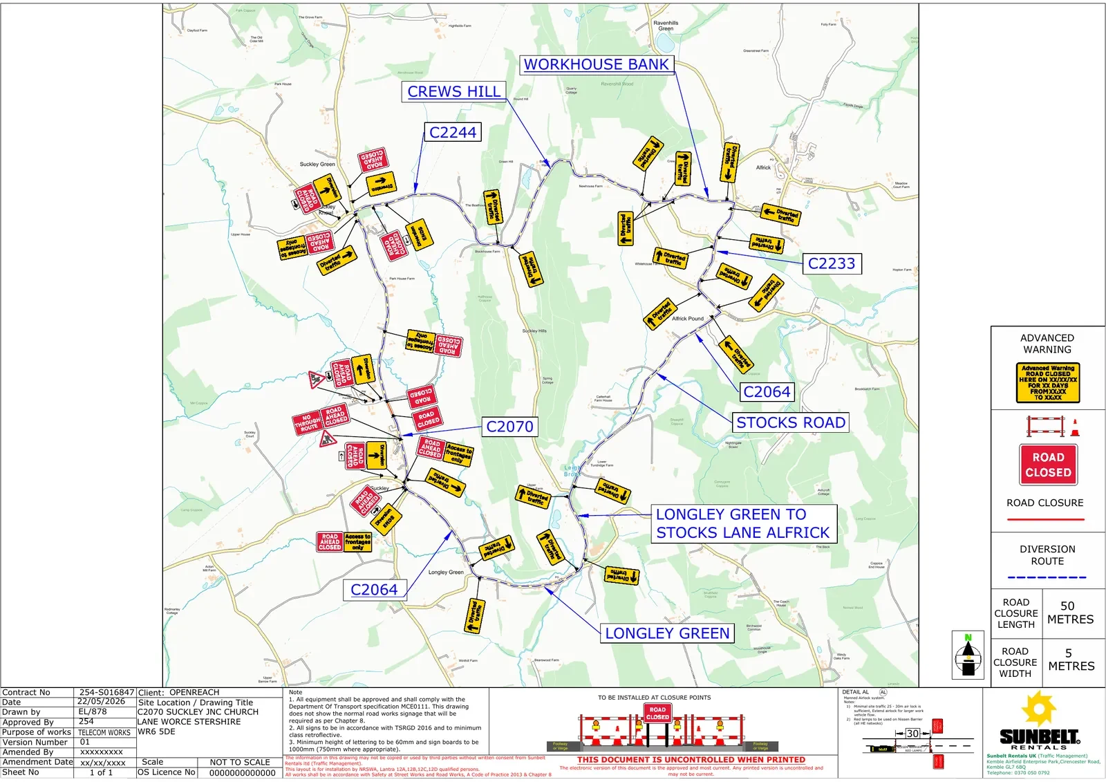 Plan showing C2070 Suckley road closure with diversion route